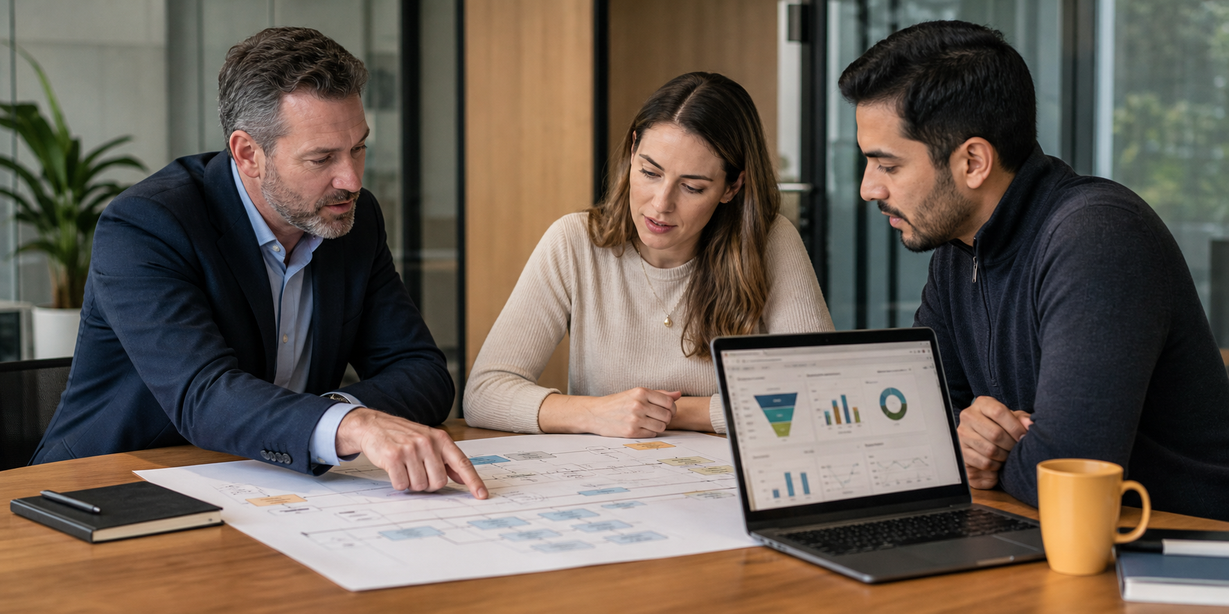Three Executives Discussing Customer Journey Map At Conference Table