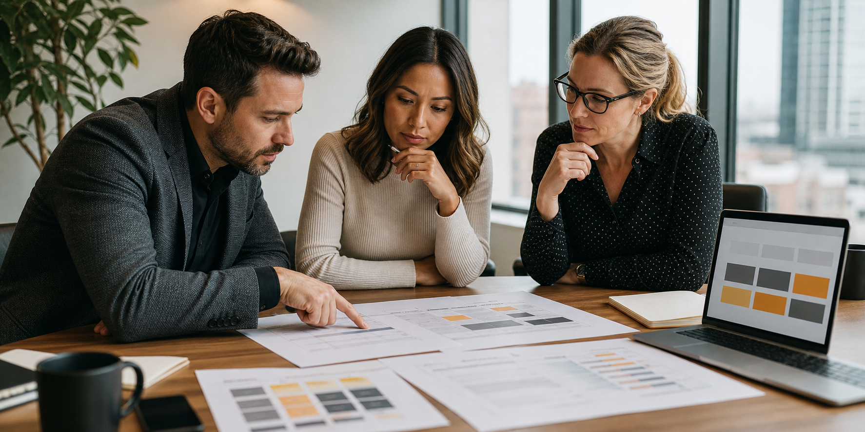 Three Executives Reviewing Agency Proposals At Conference Table
