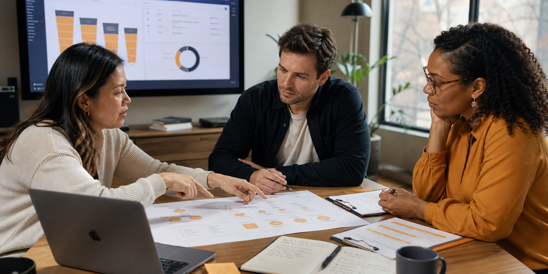 Three Executives Reviewing CRM Dashboard at Conference Table