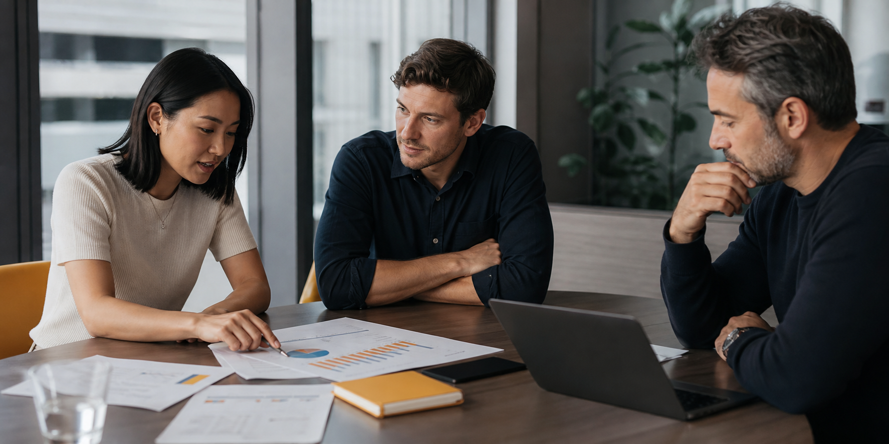 Three Executives Reviewing CRM Data at Conference Table