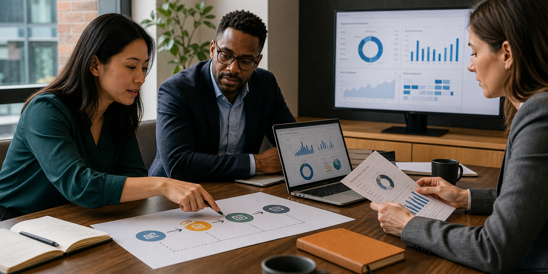 Three Executives Reviewing Revenue Attribution Diagram at Conference Table