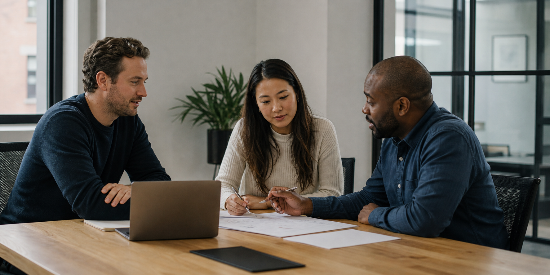 Three Founders Reviewing Customer Opportunity At Office