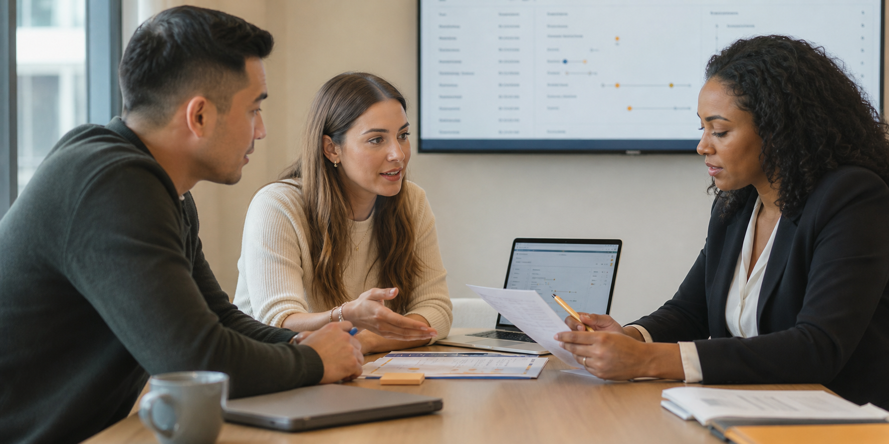 Three Professionals Reviewing Account Data In Modern Meeting