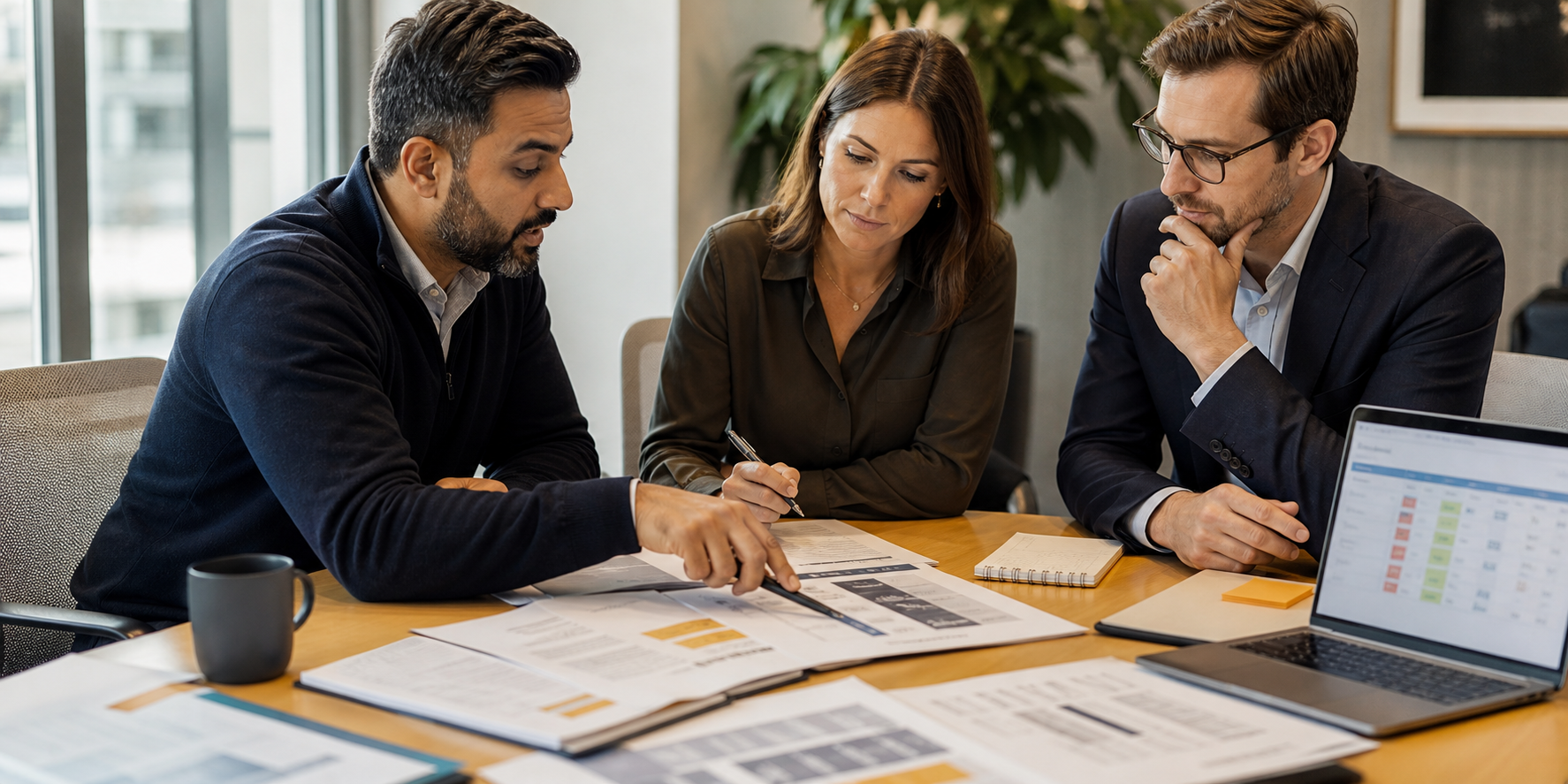 Three Professionals Reviewing Consulting Proposals At Conference Table