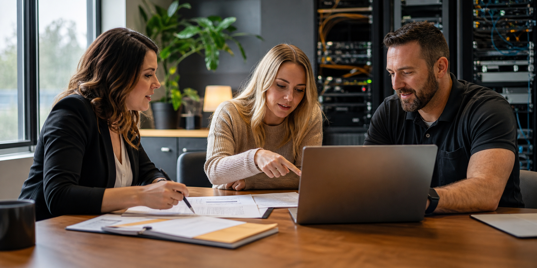 Three Professionals Reviewing IT Service Contract At Modern Workstation