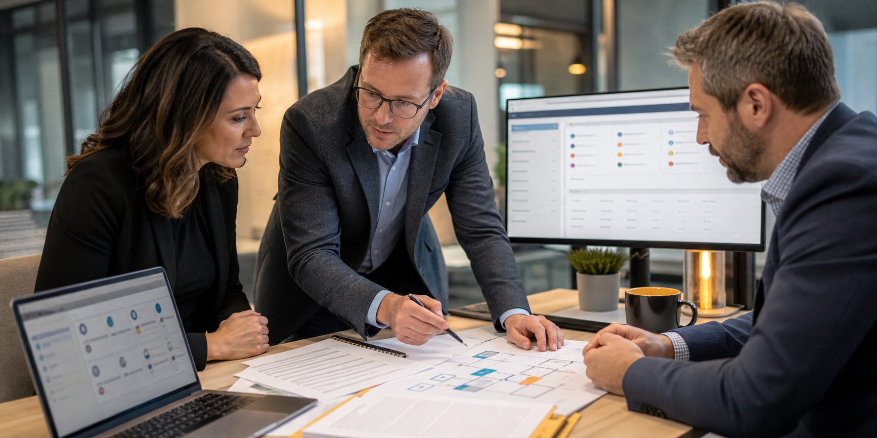 Three Professionals Reviewing IT Service Requirements At Meeting Table