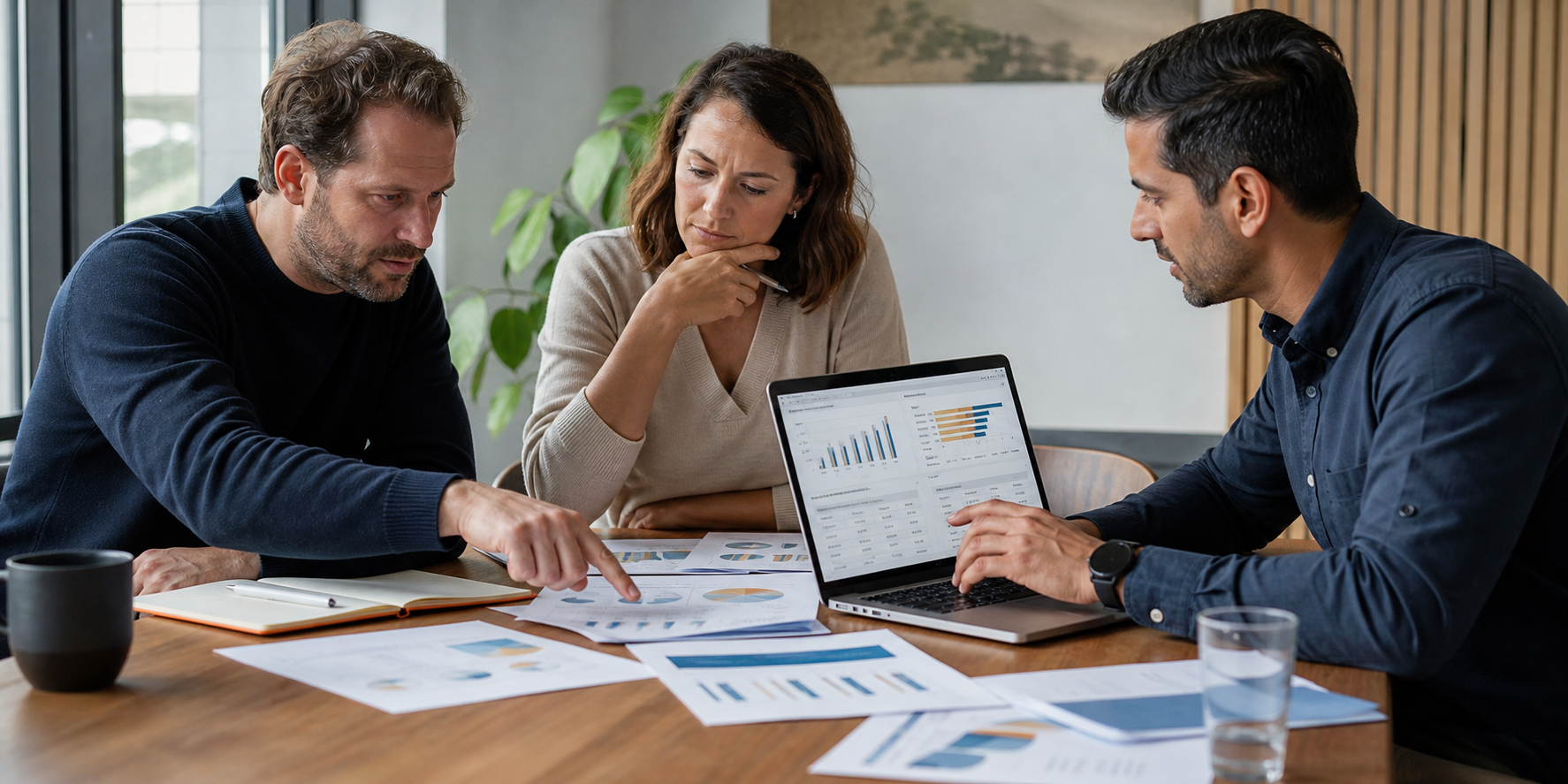 Three Professionals Reviewing Revenue Plan At Modern Table