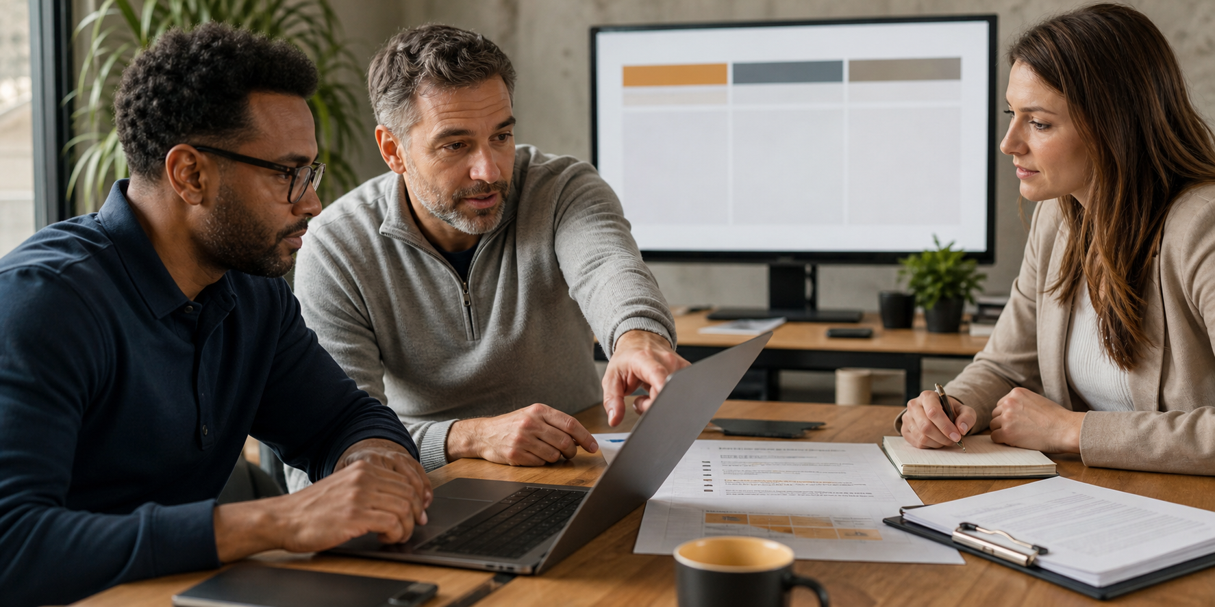 Three Sales Team Members Building Service Proposal On Laptop
