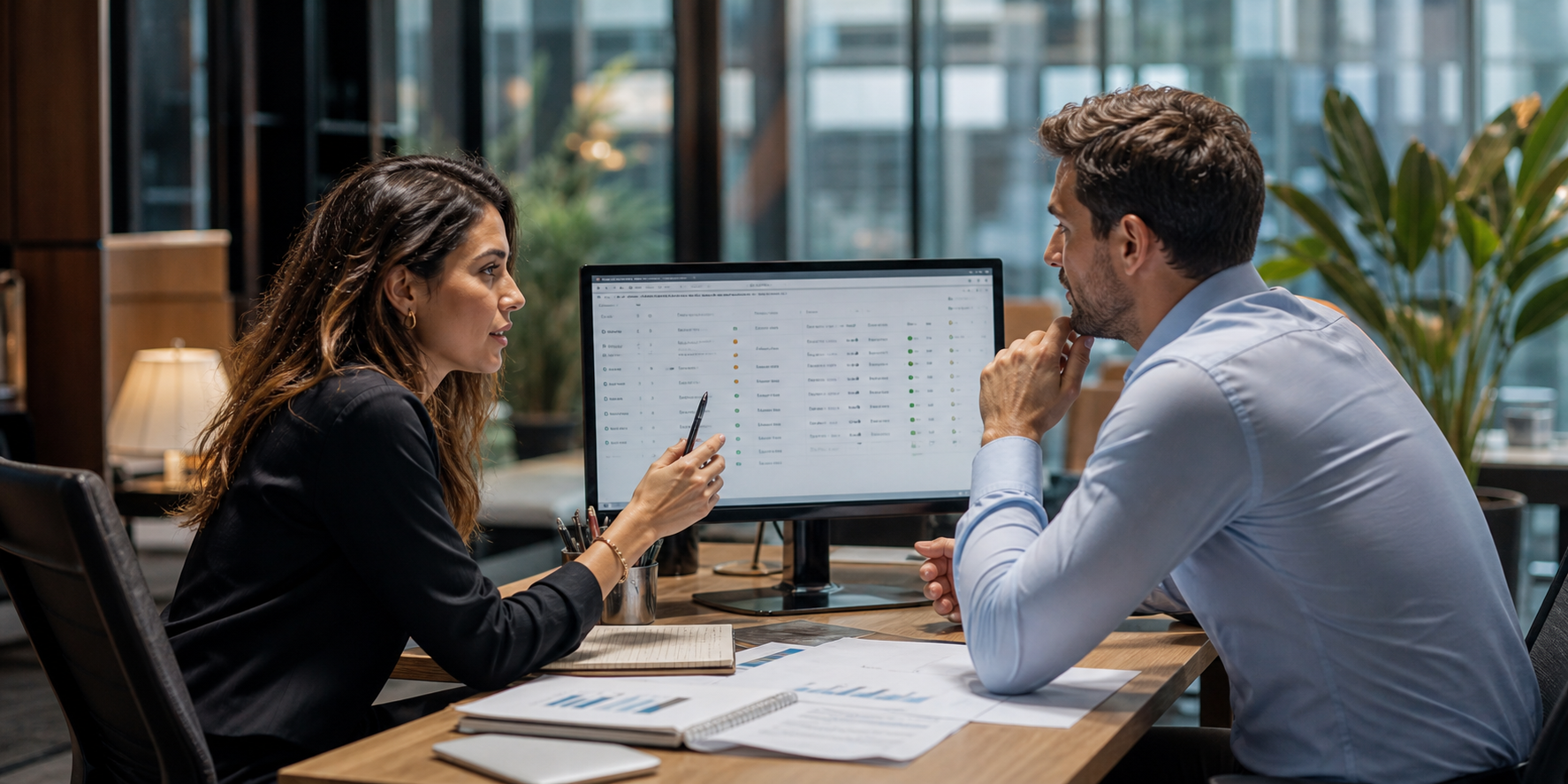 Two Business Leaders Analyzing CRM Data In Modern Office
