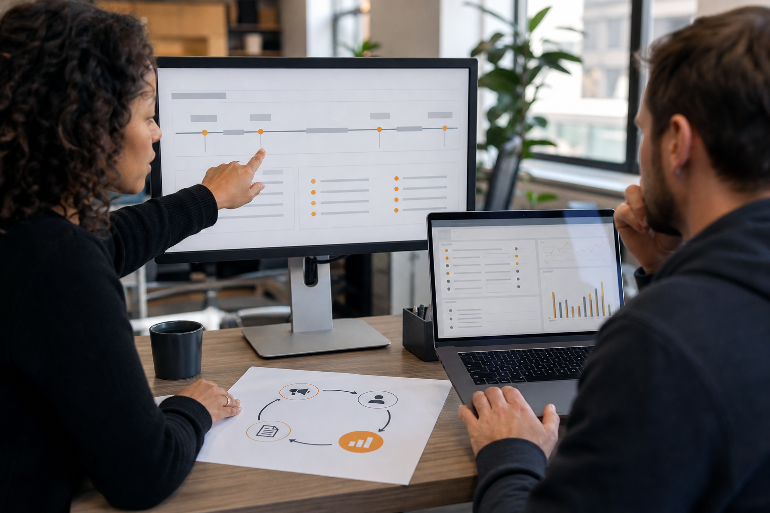 Two Engineers Testing CRM Integration At Modern Desk