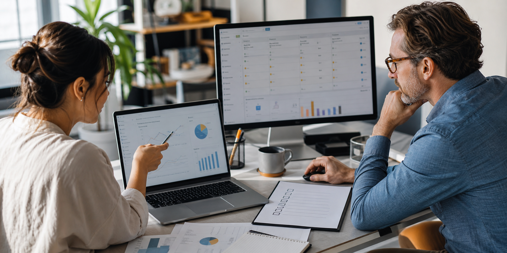 Two Executives Analyzing Campaign Data In Modern Office