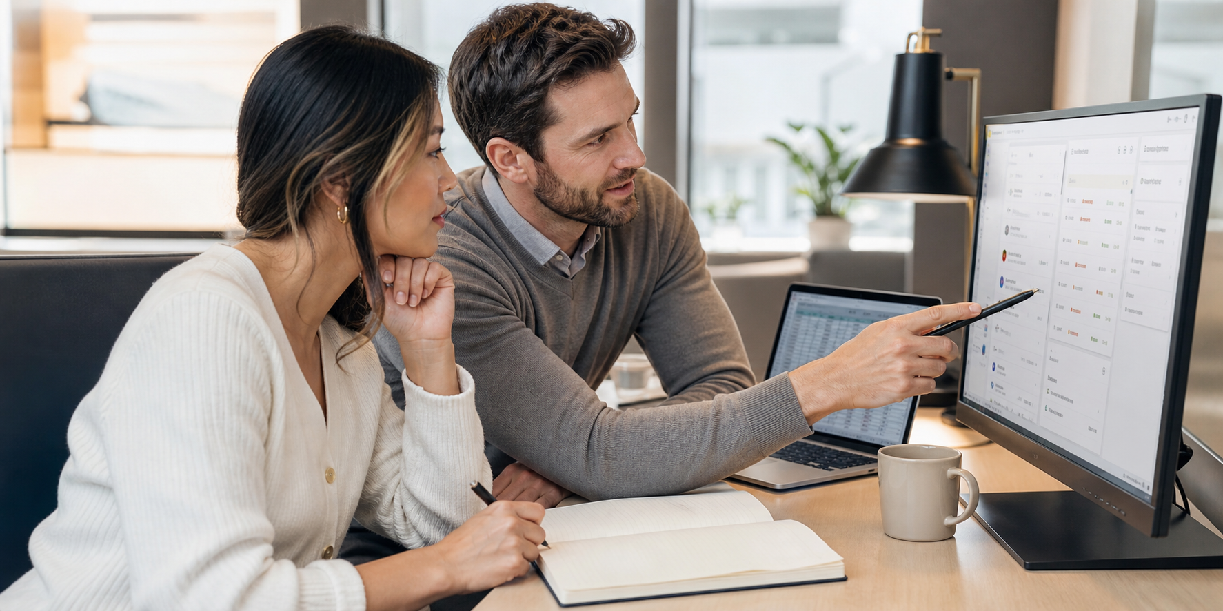 Two Executives Reviewing CRM Workspace At Modern Desk