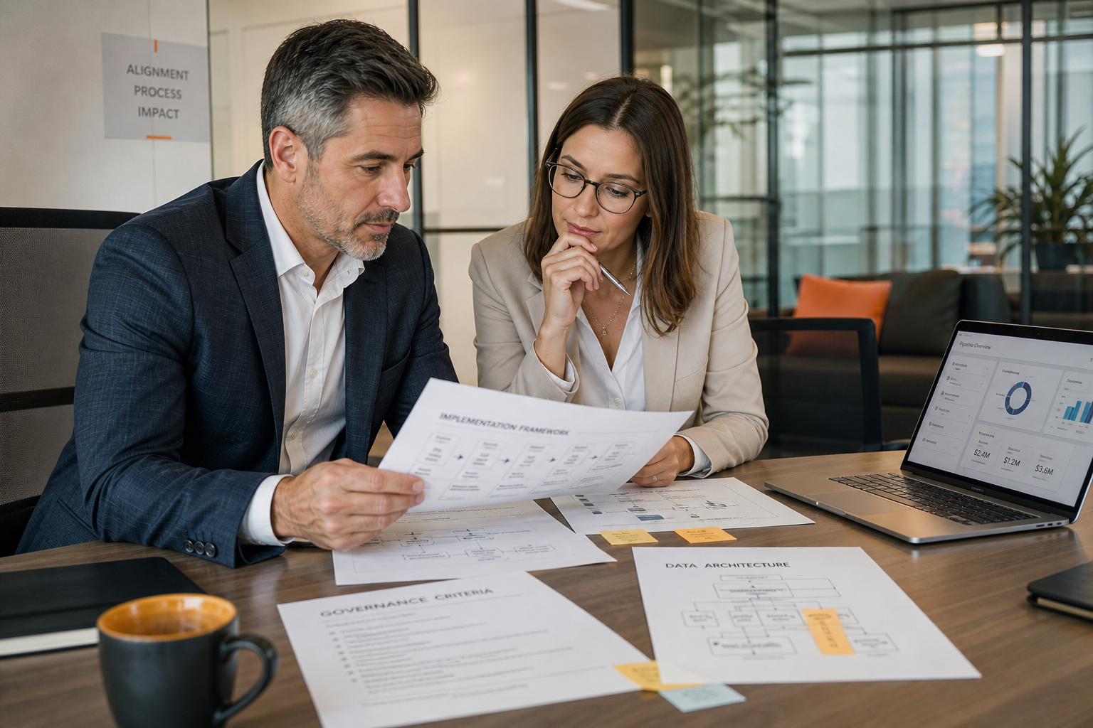 Two Executives Reviewing HubSpot Dashboards In Modern Office