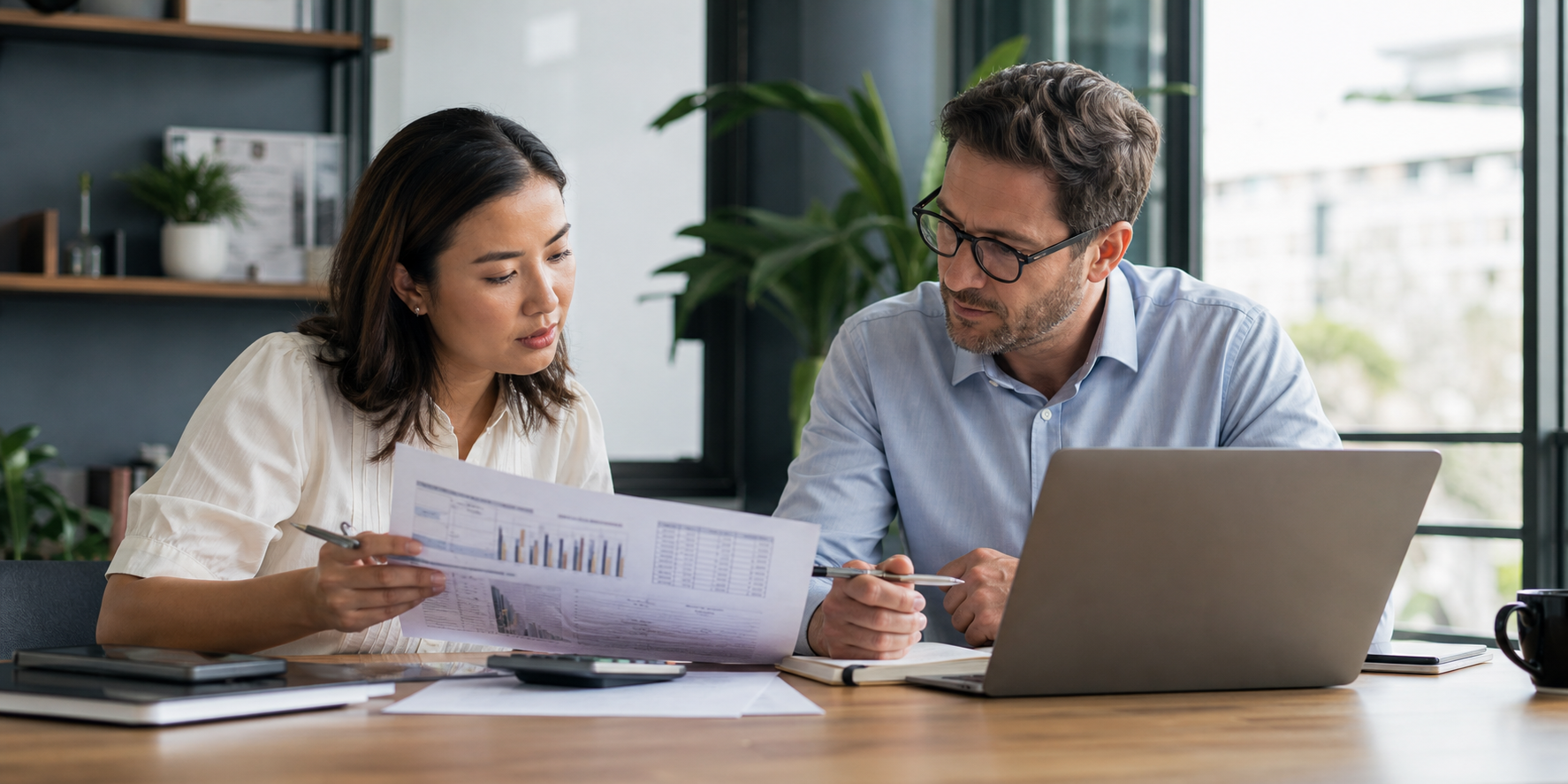 Two Executives Reviewing Sales Data In Modern Office