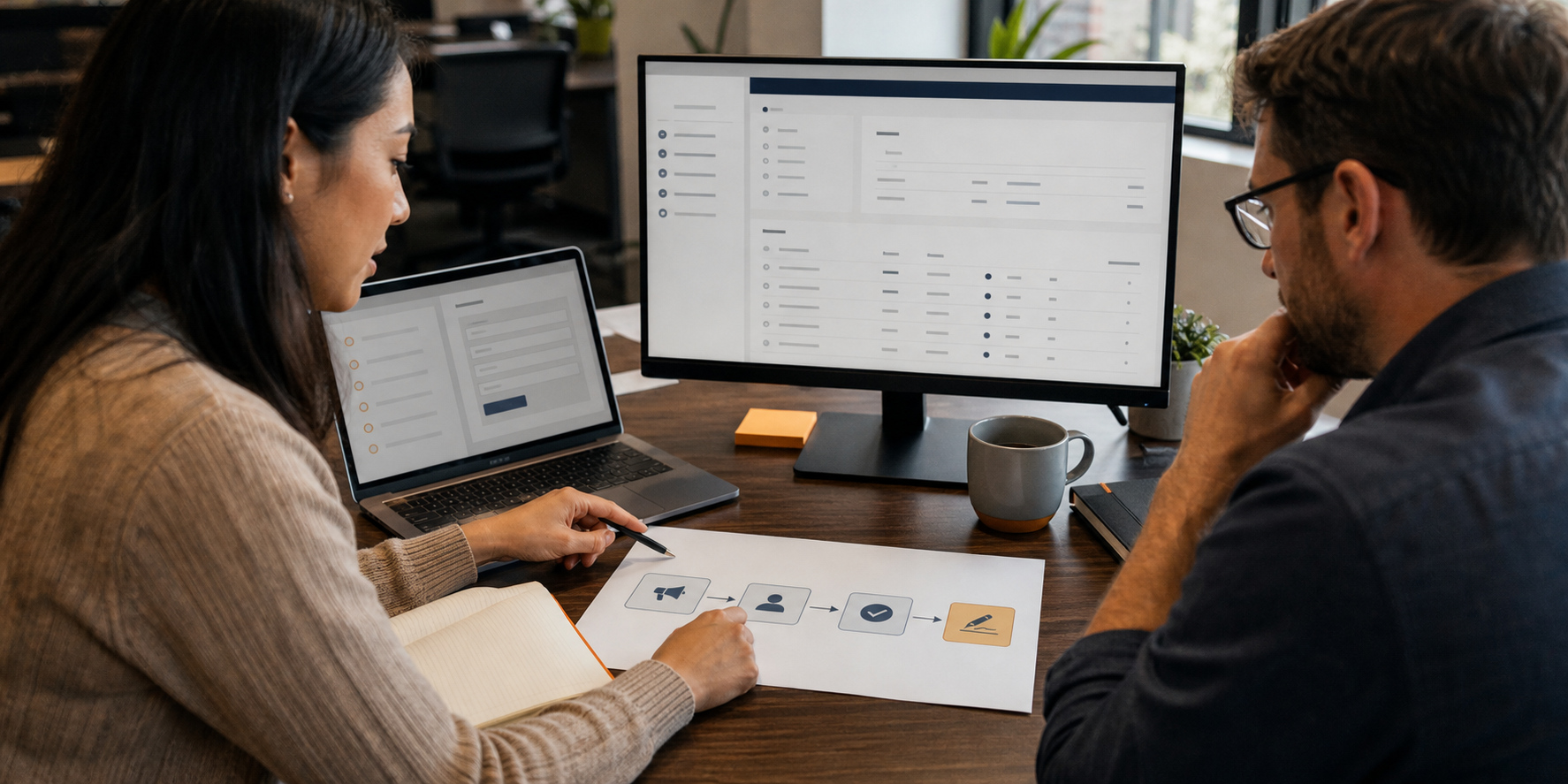 Two Marketers Reviewing CRM Data And Process Map