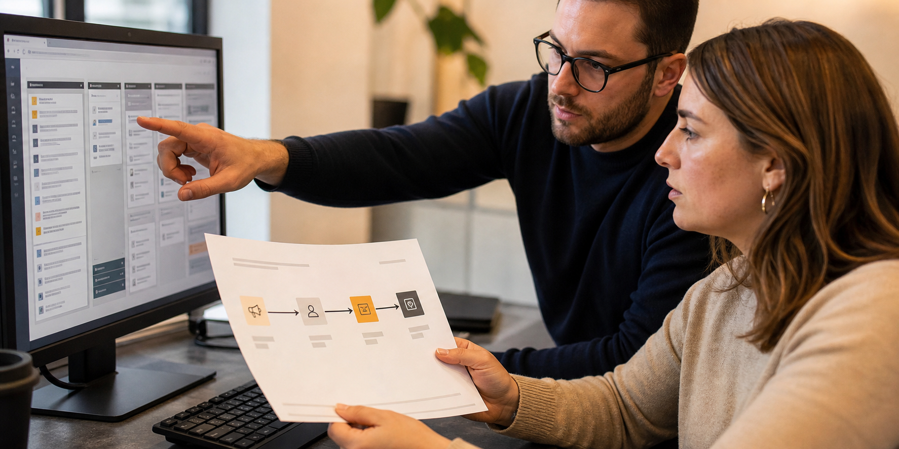 Two Professionals Analyzing CRM Data On Modern Station