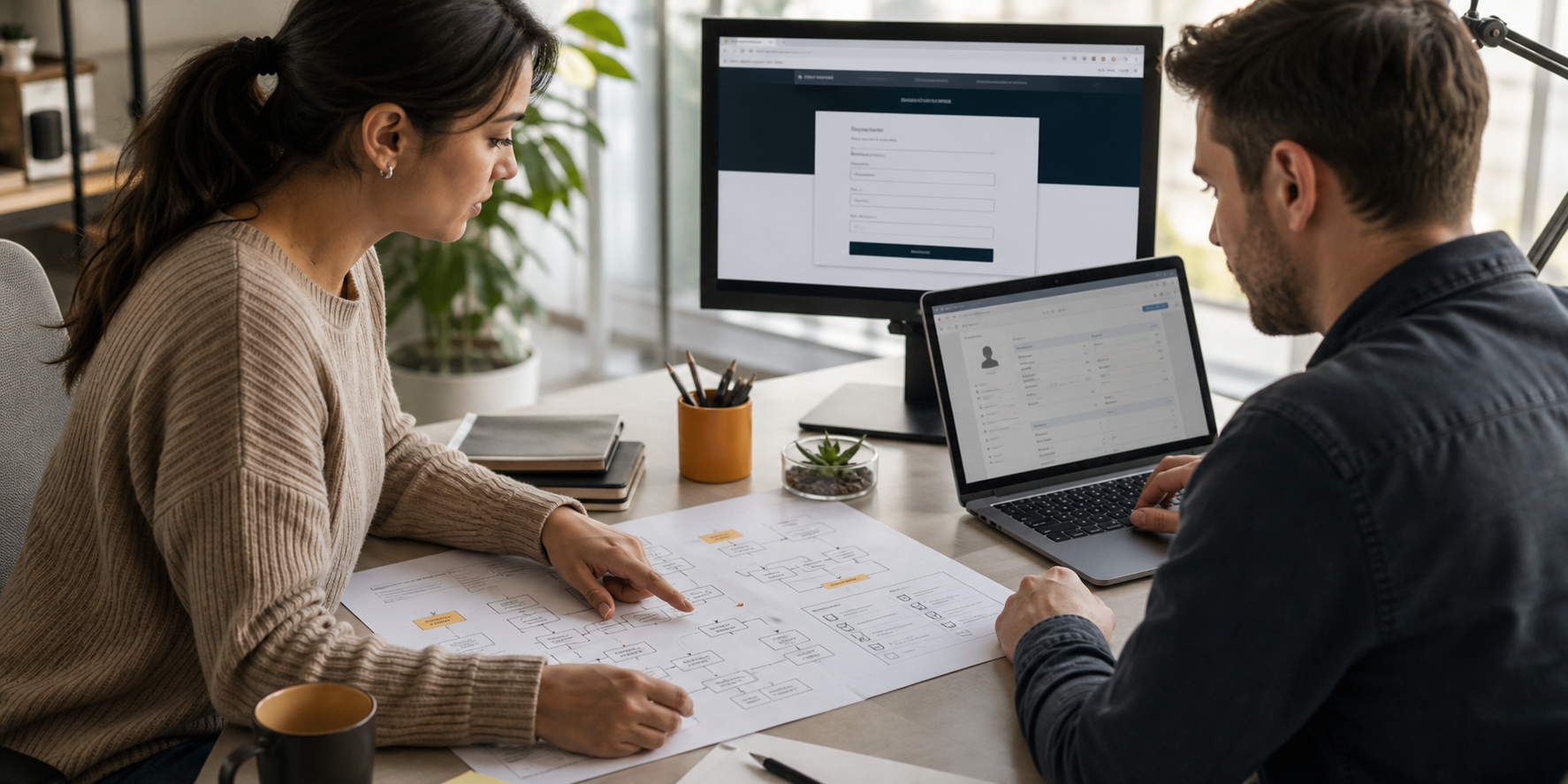 Two Professionals Investigating Incomplete Customer Data At Workstation