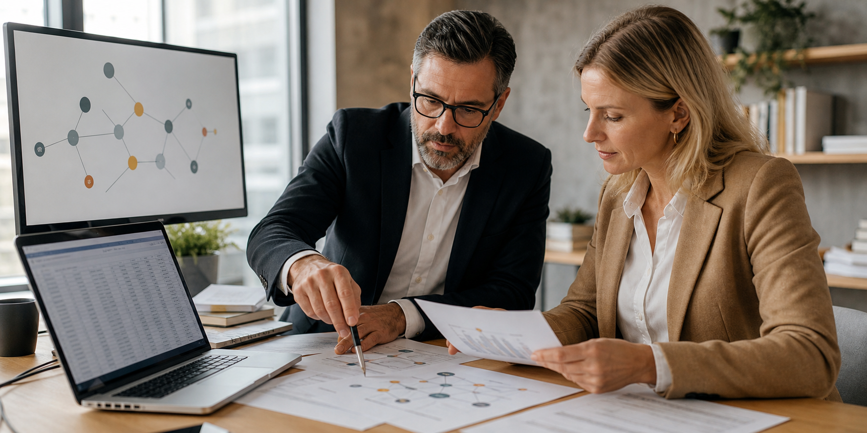 Two Professionals Reconciling Financial Data At Workstation
