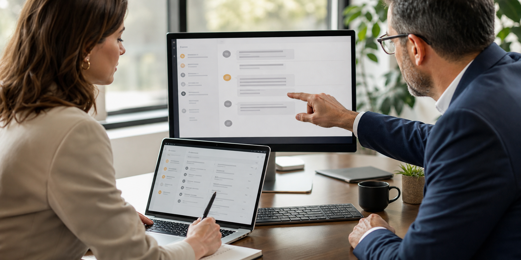 Two Professionals Reviewing AI Handoff at Modern Workstation