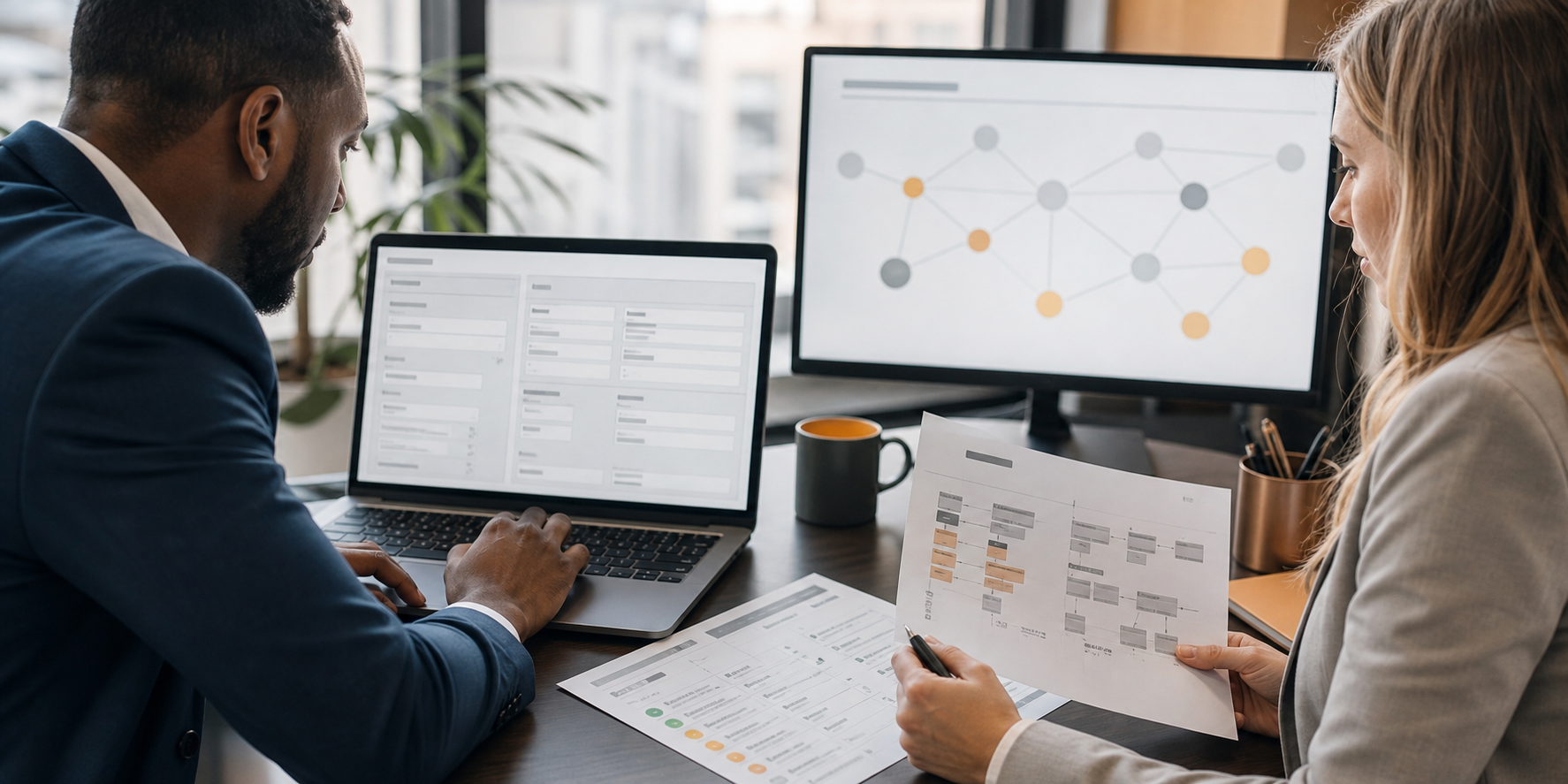 Two Professionals Reviewing CRM Data And Sales Criteria