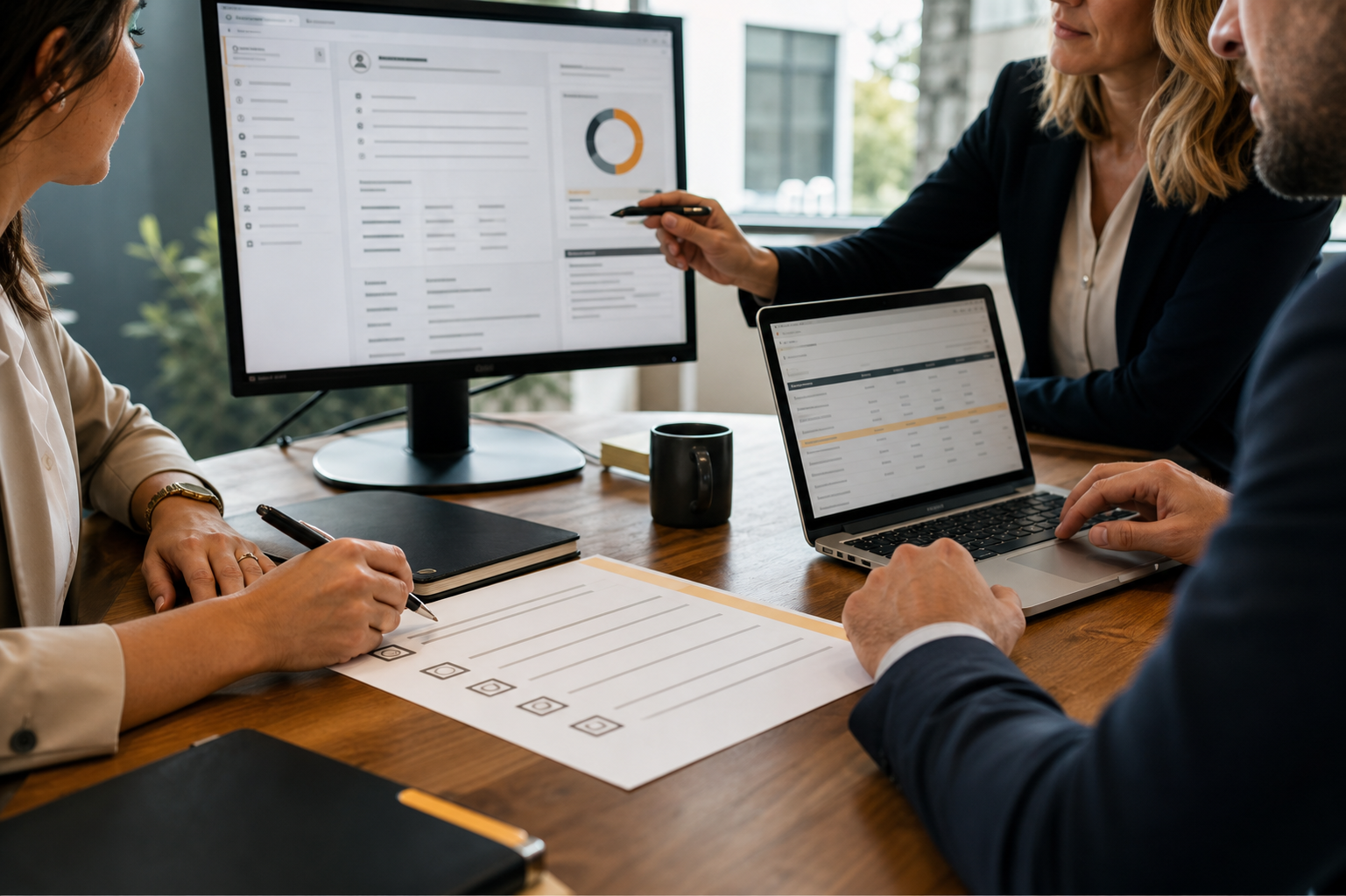 Two Professionals Reviewing CRM Data At Corporate Desk