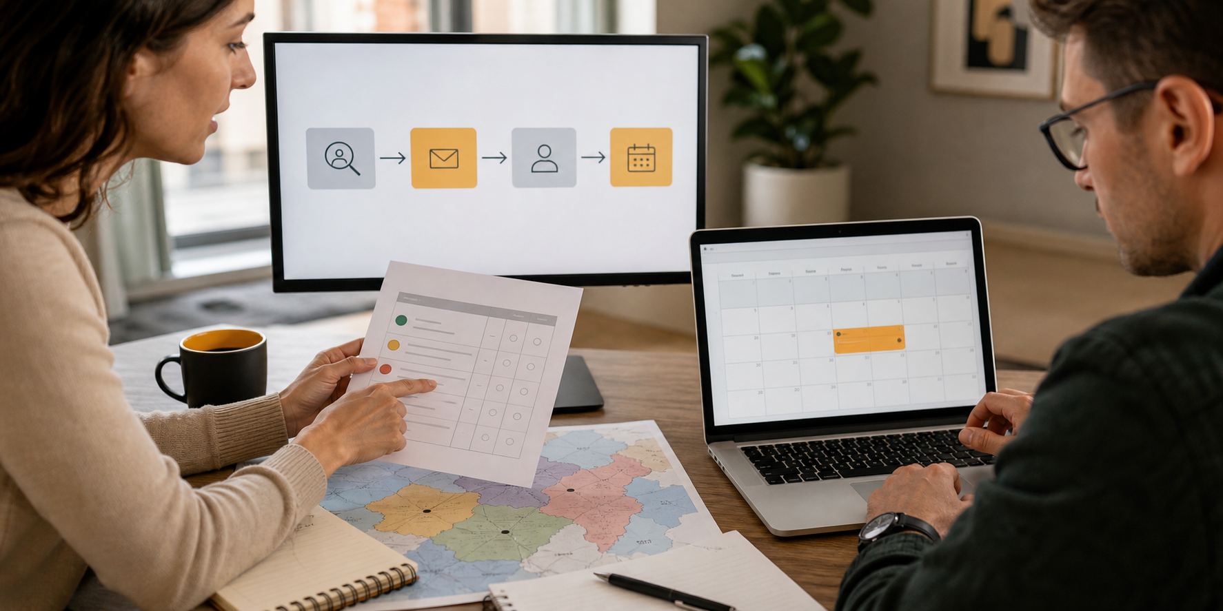 Two Revenue Ops Professionals Testing Workflow At Desk