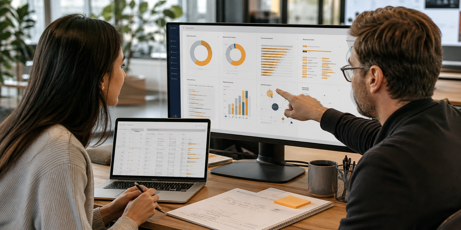 Two Strategists Reviewing Customer Data at Modern Workstation