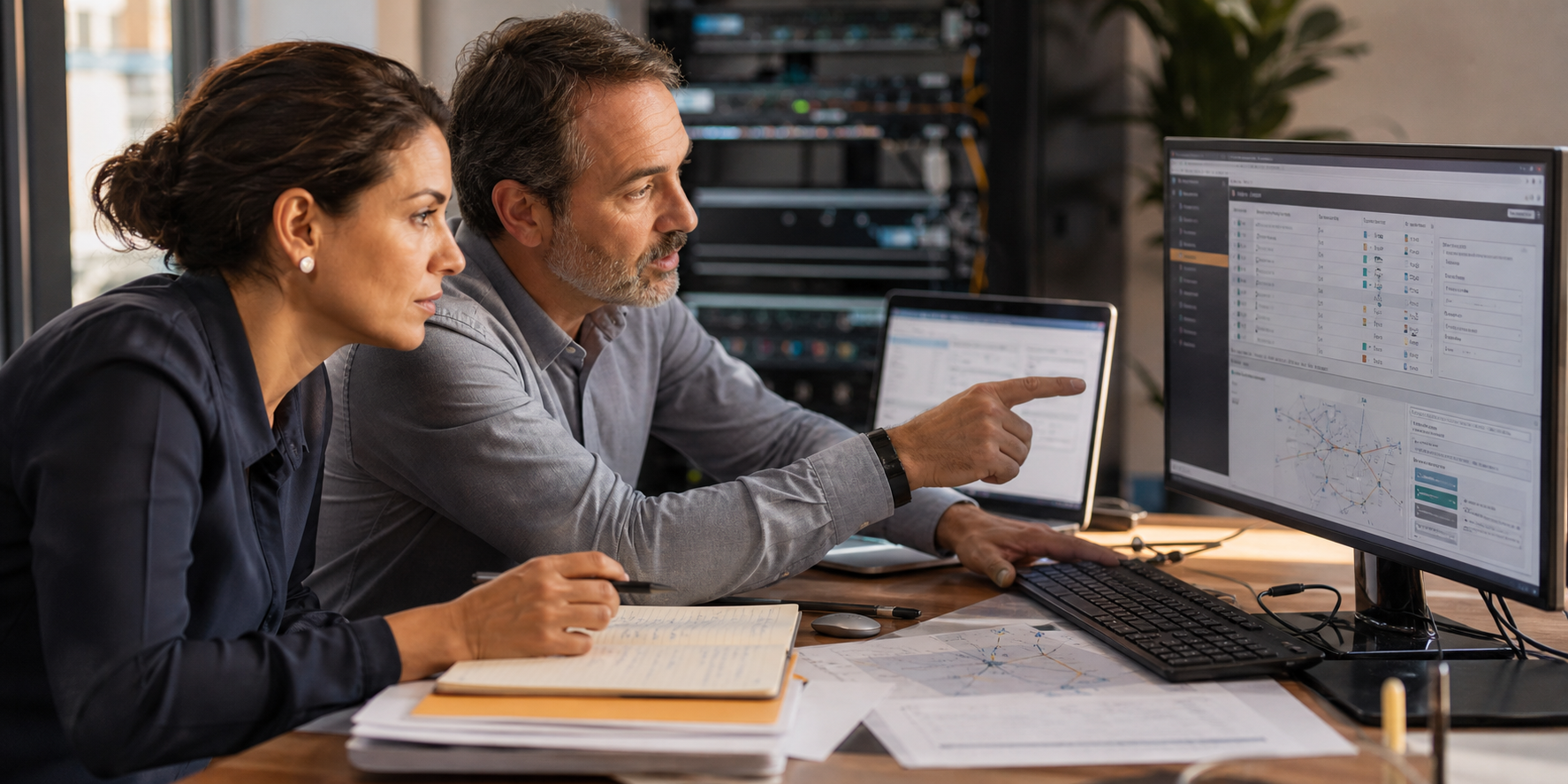 Two Telecom Experts Reviewing Orders At Modern Desk