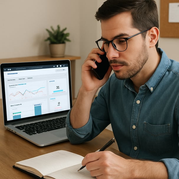 crie uma imagem de uma pessoa com o computador ligado a Hubspot est aberta mas ele esta registrando as informaes em um caderno e atendendo telefone do-1