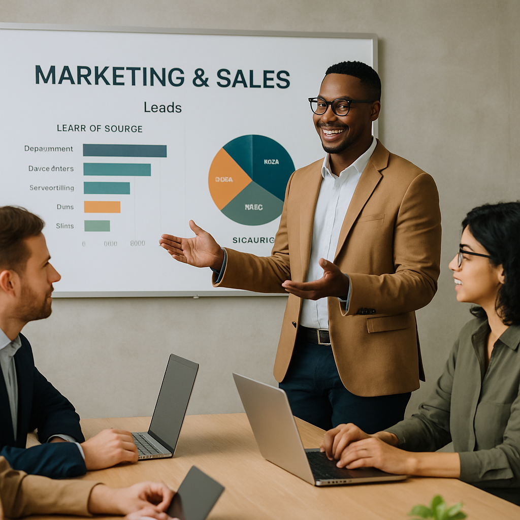 A imagem retrata uma reunio entre os times de marketing e vendas onde eles esto conversando sobre os leads gerados pelo time de marketing Eles esto a-1