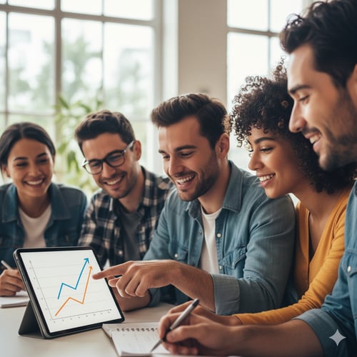 Time de marketing de fintech analisando resultados