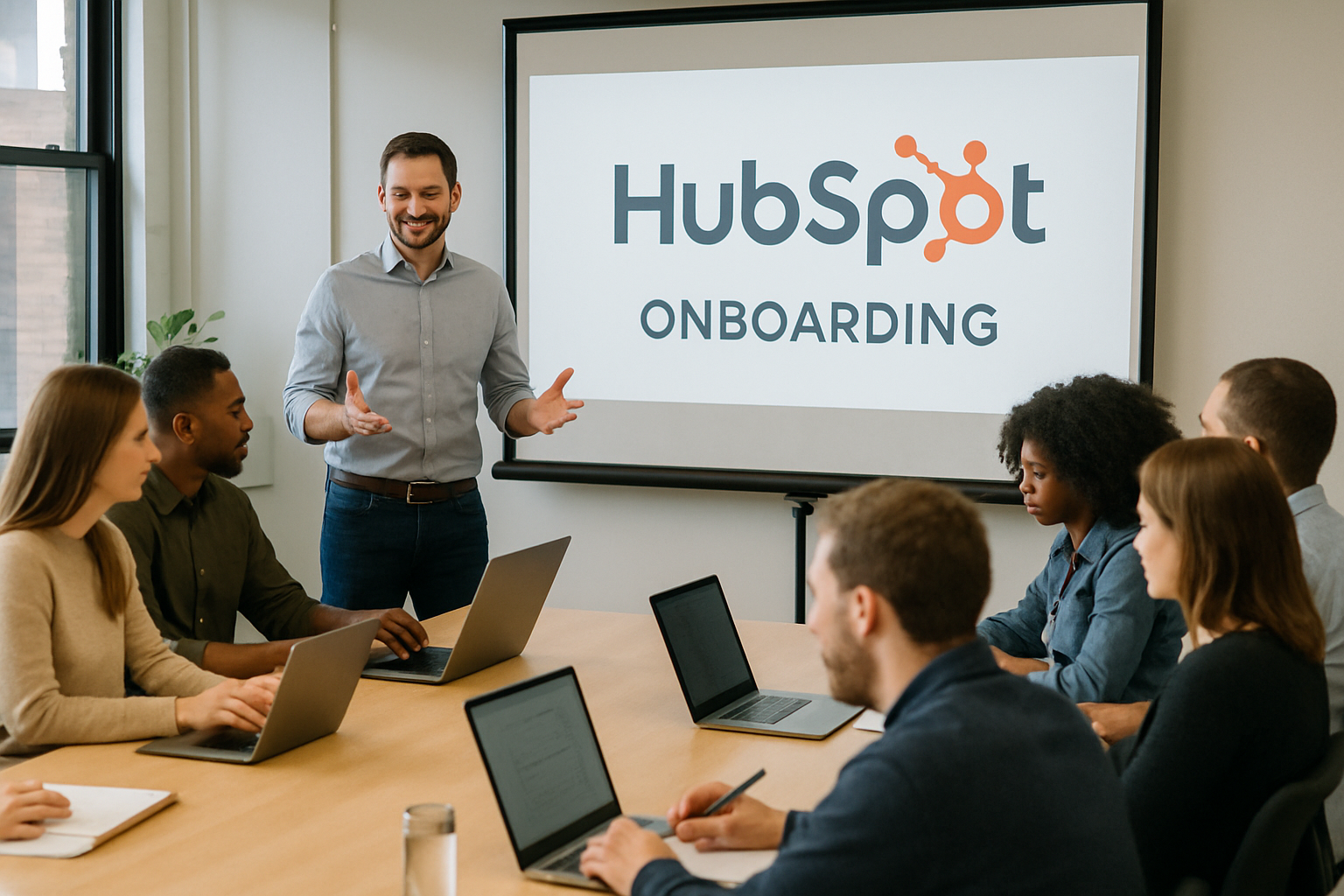 Realistic photo of a corporate training workshop in the US for HubSpot onboarding A facilitator leads a session with a projector while employees take-Nov-20-2025-11-39-11-5778-PM