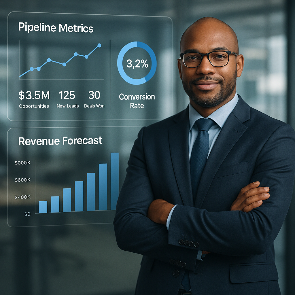 A fintech executive standing confidently in front