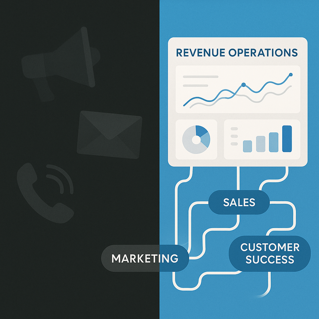 A split-screen visual showing outdated marketing t