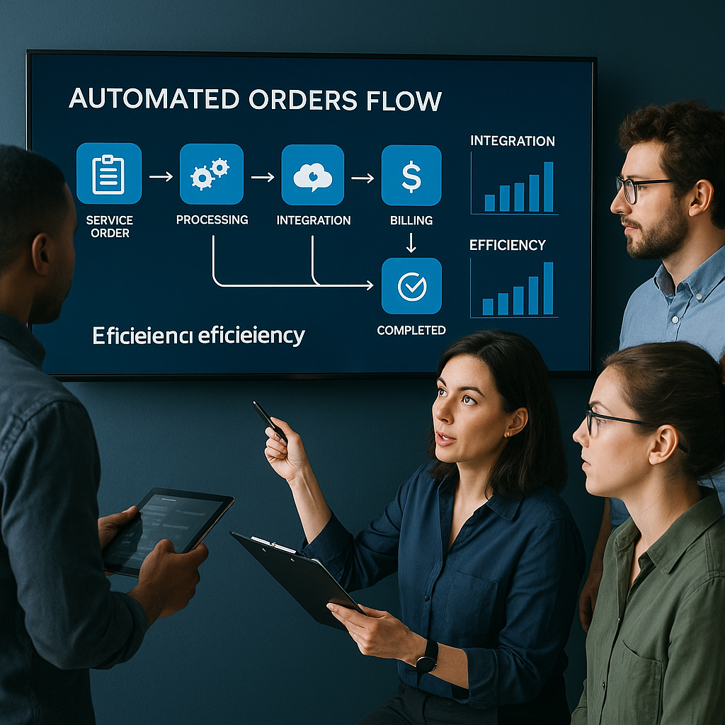 Equipe de operações analisando fluxo automatizado